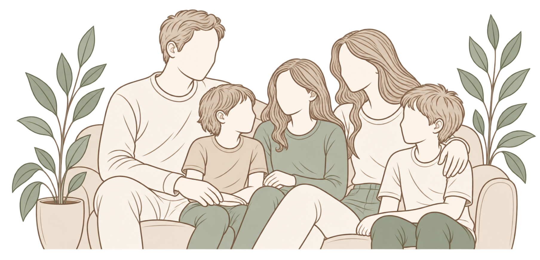Ilustración de una familia reunida que representa la terapia familiar